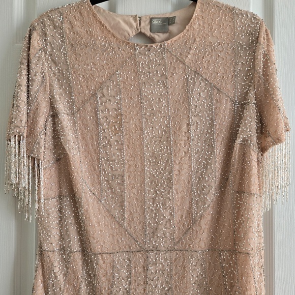 ASOS blush Nude Pink Silver Fringe Beaded Open Back Cocktail Party Mini Dress - Picture 3 of 11